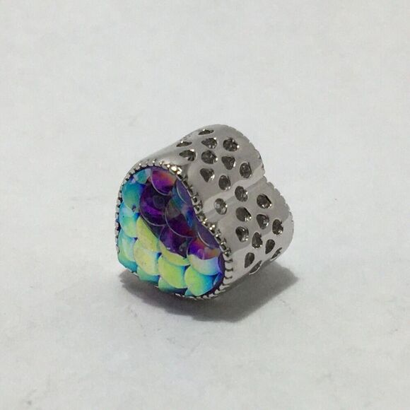 Sterling Silver Charm Heart Bead Iridescent Multicolor Mermaid Fish Scales - Picture 12 of 13